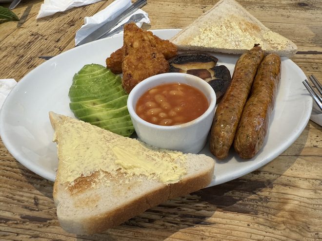 A vegetarian breakfast plate with avocado and hash browns